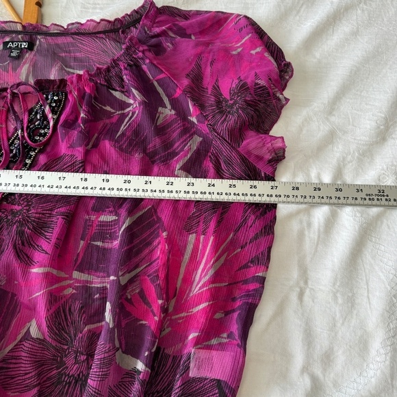APT. 9 Women's Fuchsia Floral Print Satin Cap sleeve Sheer Blouse Size 2X V-Neck - Picture 9 of 12